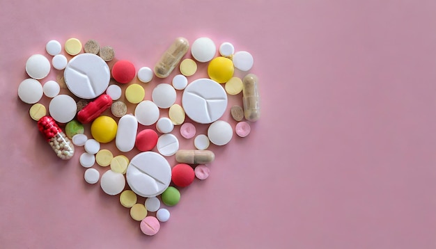 Photo beaucoup de pilules et de comprimés différents pliés en forme de cœur sur un fond rose beaucoup de pillules