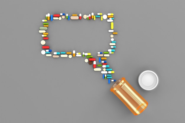 Beaucoup de pilules dispersées sous la forme de messages du réseau social. Illustration 3d