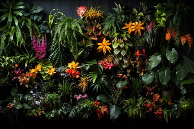 Beaucoup de plantes tropicales aux couleurs vives sont sur un mur noir.