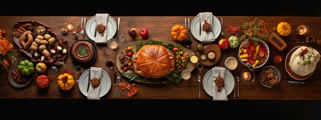 Photo beaucoup de plats sur la table de thanksgiving vue du haut