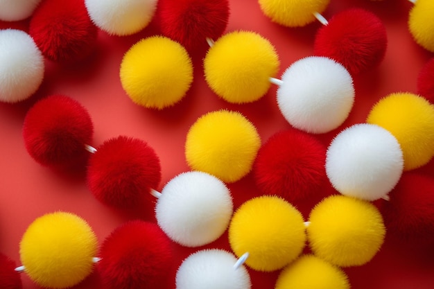 Beaucoup de pompons en coton blancs et jaunes sur fond rouge Vue du haut