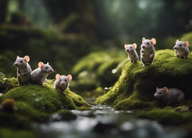 Photo beaucoup de rats chibi sont tous beaux et une cabane de gazon de mousse mystique cachée au fond d'une vallée brumeuse