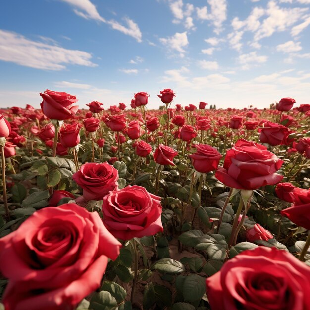 Beaucoup de roses rouges étalées dans un champ