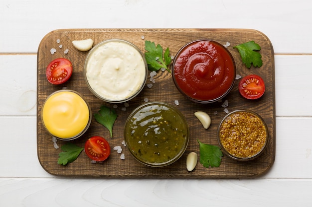 Beaucoup de sauces et d'herbes différentes sur la table à plat sauces vue de dessus sur la plaque concept sain