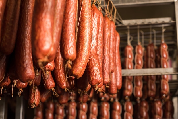 Beaucoup de saucisses fumées accrochées