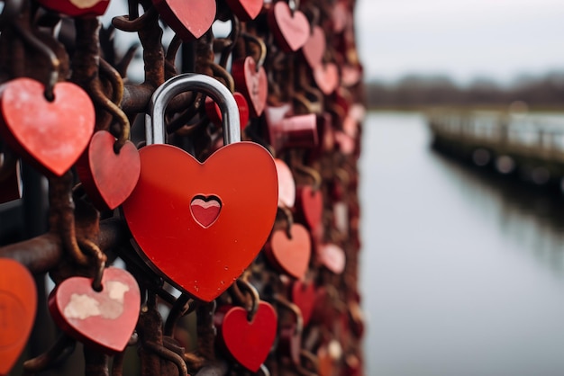 Photo beaucoup de serrures d'amour rouges sur la clôture d'un pont concept d'amour