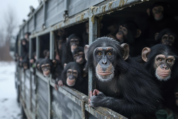 Beaucoup de singes sont transportés dans un camion.