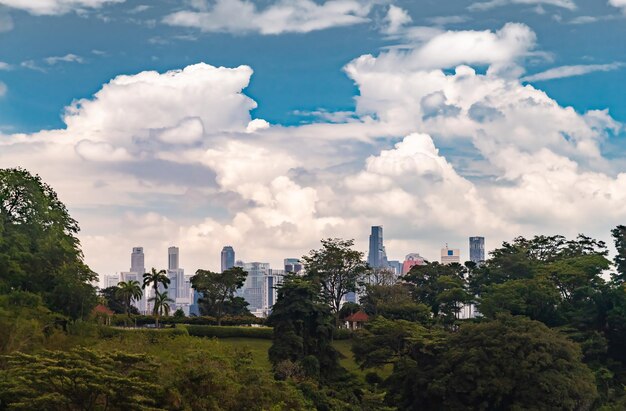 Beaucoup de sommets de gratte-ciel de singapour sur la vue d'arrière-plan à travers le ciel bleu de la jungle et les gros nuages