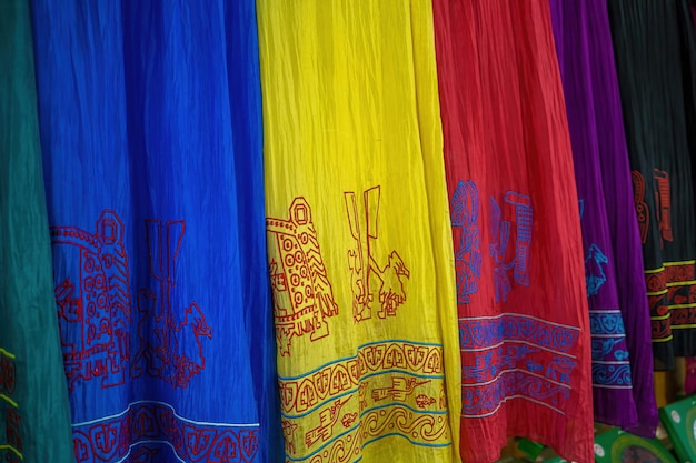 Beaucoup de tissus colorés sur le marché de rue à vendre au Vietnam Gros plan sur un motif de tapis asiatique Artisanat en tissu brodé avec un motif traditionnel de la minorité ethnique Hmong au Vietnam