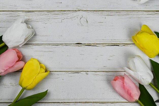 Beaucoup de tulipes sur fond de bois