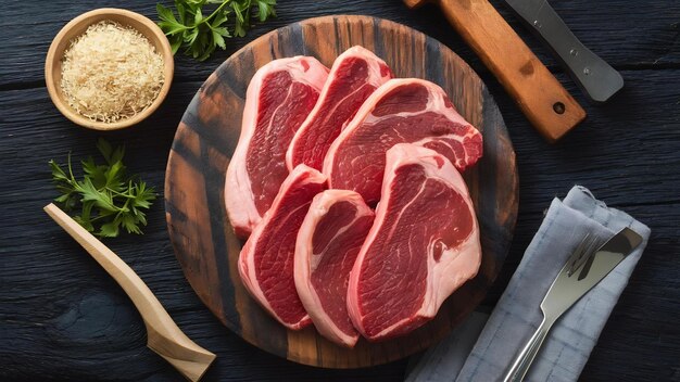 Beaucoup de viande fermentée juteuse crue, de bœuf cru sur une table en bois.