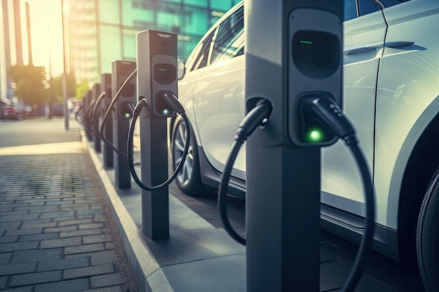 Beaucoup de voitures se rechargeant à la station de recharge Ev concept moderne d'économie d'énergie