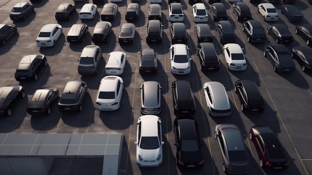 Beaucoup de voitures sont garées dans un parking.