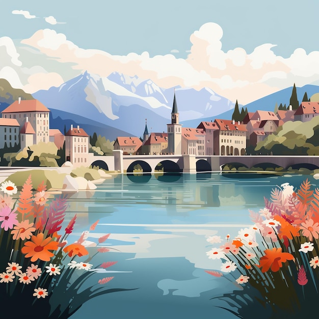 La beauté alpine d'Annecy Le lac Palais de l'Isle et les ponts floraux illustrés