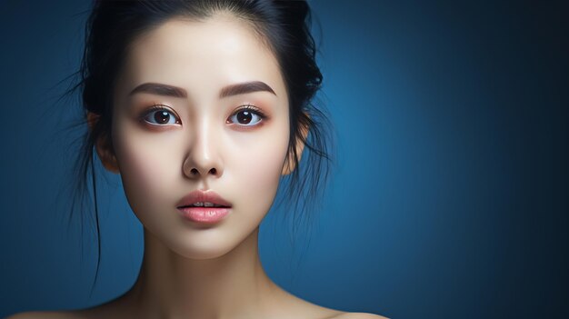 Photo beauté asiatique maquillage coréen peau parfaite soin de la peau et cosmétologie concept sur fond bleu