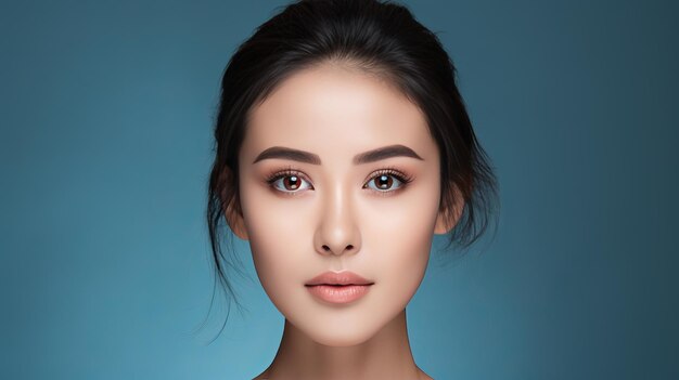 Beauté asiatique maquillage coréen peau propre et cheveux traitement du visage sur fond bleu