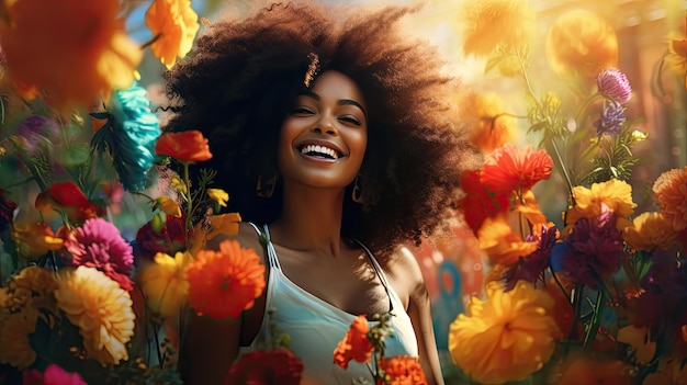 Beauté d'une belle femme africaine avec un fond de fleurs colorées