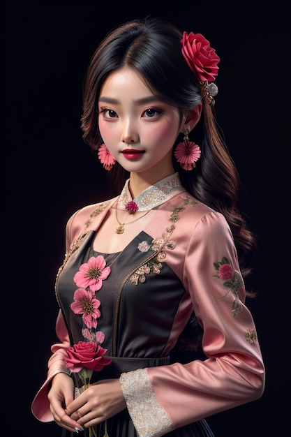 Beauté chinoise orientale classique classique belle fille portant cheongsam tenant une fleur rose