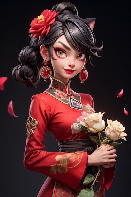 Une beauté chinoise orientale portant des vêtements classiques rouges tenant des fleurs dans le style d'anime de dessin animé