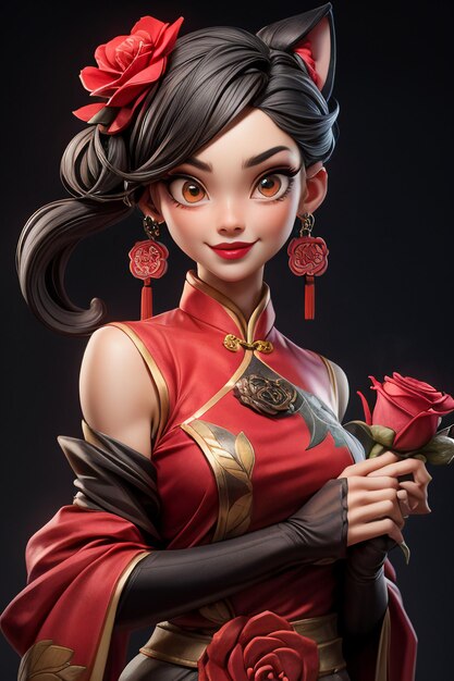 Une beauté chinoise orientale portant des vêtements classiques rouges tenant des fleurs dans le style d'anime de dessin animé