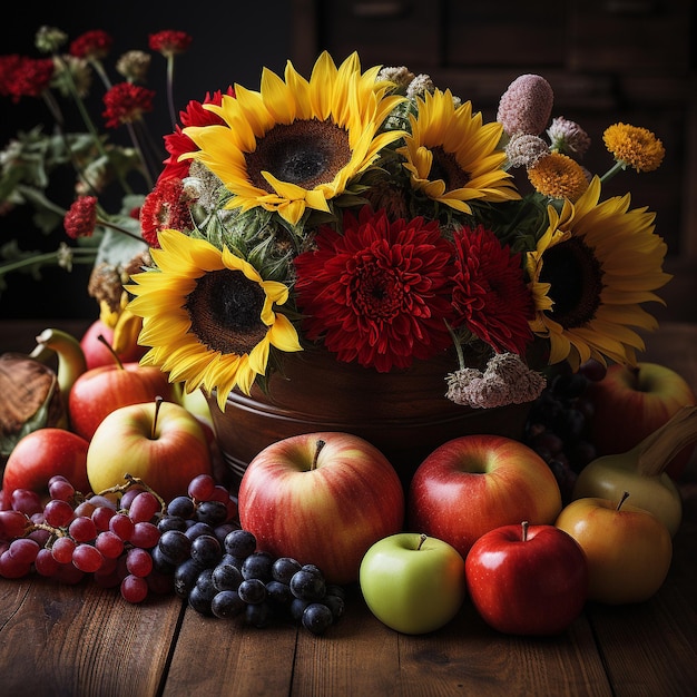 La beauté des choses simples tournesols légumes et un panier sur une table en bois