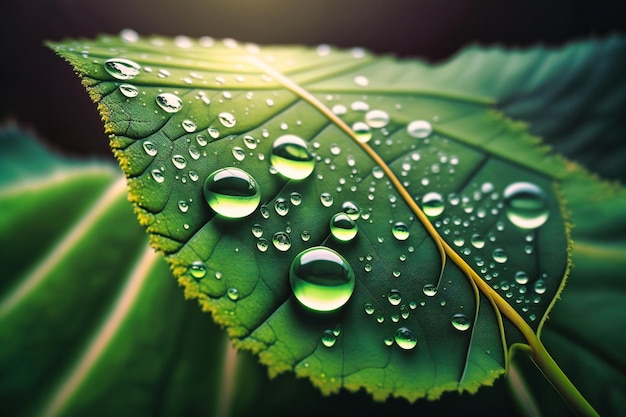 La beauté délicate des gouttes de rosée sur une feuille verte capturée en macro créant une œuvre d'art naturelle fascinante