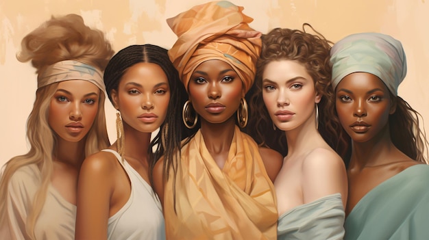 Beauté diversifiée Ethnies variées Femmes caucasiennes, africaines, asiatiques et indiennes sur un fond pastel