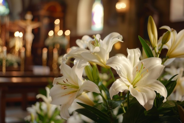 La beauté divine des lys de Pâques en pleine floraison à l'autel de l'église Un symbole de renouveau et d'espoir