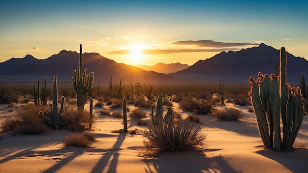 La beauté du désert alors que le soleil se couche sous l'horizon jetant de longues ombres de cactus sur le grenier de sable