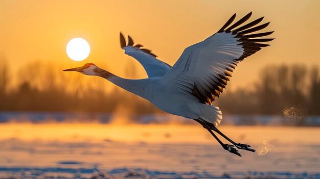 Photo la beauté du japon sur un matin d'hiver enneigé une grue blanche volant au loin sens de rêve o