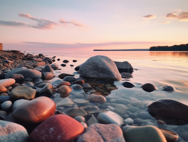 Photo la beauté époustouflante du lac à l'aube se révèle parmi les rochers et les rochers