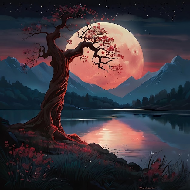 la beauté éthérée d'un paysage mystique sous la lune rouge générée par l'IA
