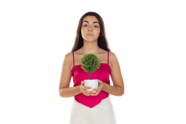 Beauté femme brune avec un petit arbre vert