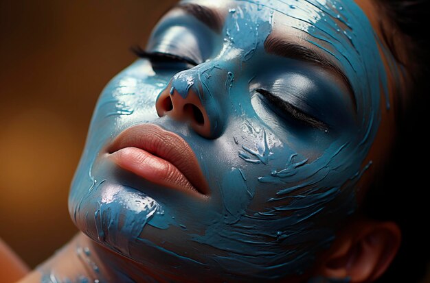 La beauté de la femme fait des soins de la peau studio lumière et bleu crème de masque