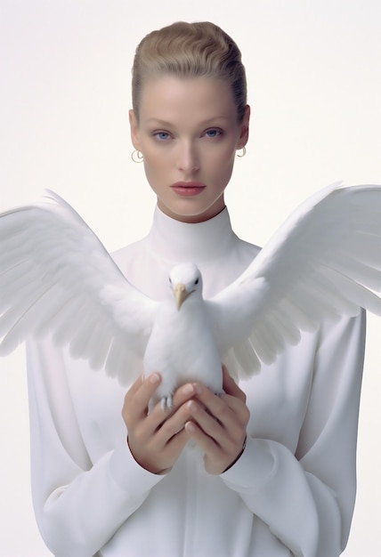 Photo la beauté femme pigeon blanc plume attrayante jeune un ailes oiseau ange personne femelle