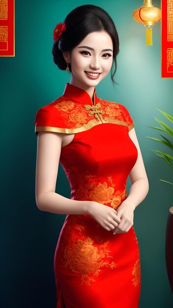 la beauté de la femme portant le rouge cheongsam des images souriantes heureuses avec l'ai généré