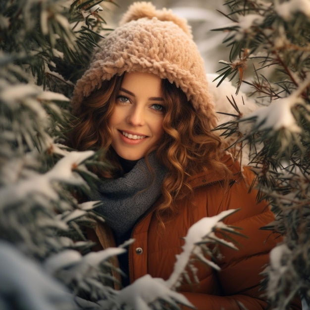 La beauté festive de l'hiver La jeune femme dans un paysage enneigé