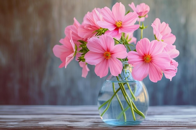 Beauté fragile Fleurs roses dans un vase en verre sur bois