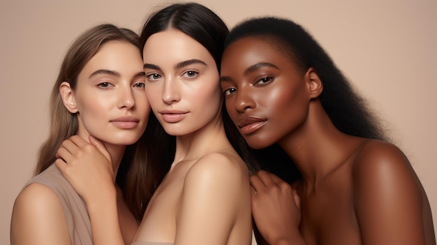 Beauté Groupe multiethnique de femmes avec différents types de peau ensemble sur fond beige Créé avec la technologie Generative AI