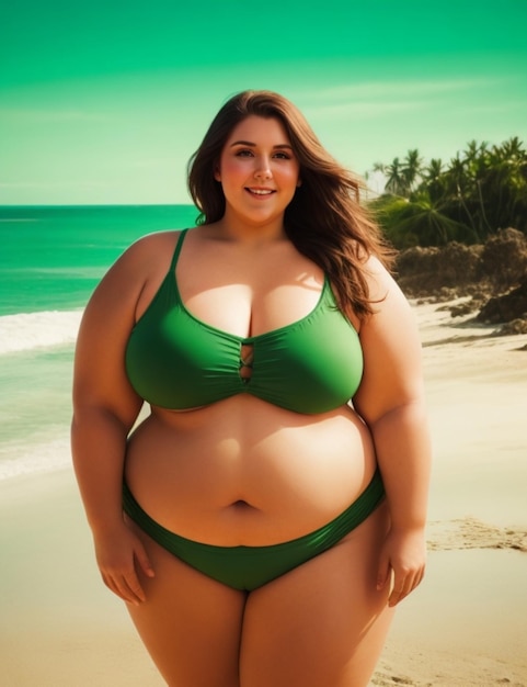 la beauté heureuse modèle de taille plus grande plage pandscape arrière-plan