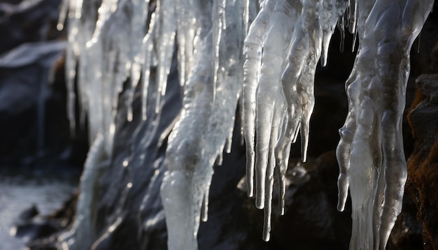 Photo la beauté hivernale des glaçons gelés suspendus reflétant la nature des motifs cristallins générés par l'intelligence artificielle