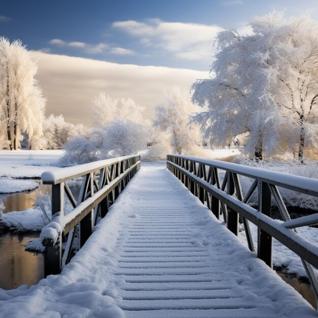 La beauté des hivers mise en valeur par un pont en bois enneigé à la lumière du jour