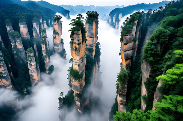 La beauté hypnotisante du parc national de la forêt de Zhangjiajie, en Chine, avec ses imposants piliers de grès enveloppés de brume