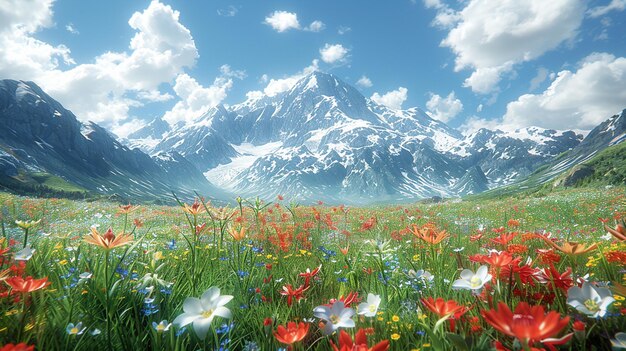 Photo une beauté intemporelle les montagnes et les fleurs sauvages un paysage classique et perpétuel