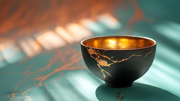 Photo la beauté intemporelle de la poterie japonaise avec des fissures dorées sur un fond bleu élégant
