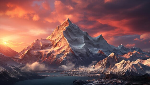 Beauté majestueuse de la nature au sommet d'une montagne dans une illustration panoramique du coucher du soleil générée par l'intelligence artificielle