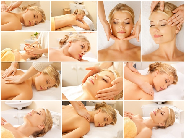 beauté, mode de vie sain et concept de relaxation - collage de nombreuses photos avec une belle jeune femme se faisant masser le visage ou le corps dans un salon de spa