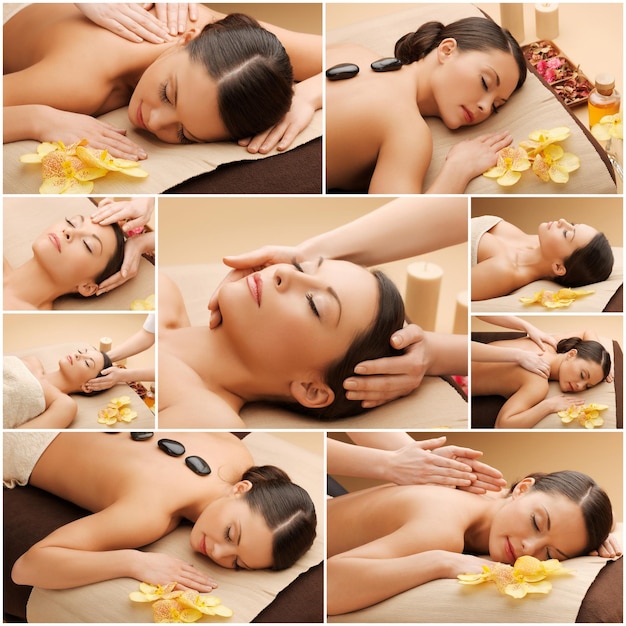 Photo beauté, mode de vie sain et concept de relaxation - collage de nombreuses photos avec de belles femmes asiatiques se faisant masser le visage ou le corps dans un salon de spa