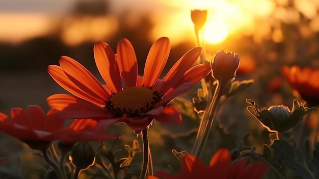 Beauté en mouvement Fleurs vibrantes et coucher de soleil glorieux