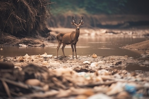 La beauté de la nature a pollué un cerf près d'un ruisseau d'eau pollué